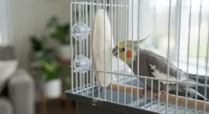 A close-up view showing how to properly secure a natural cuttlebone to vertical cage bars for a pet cockatiel.