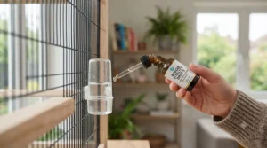 Close-up of hands adding liquid budgie vitamin drops into a fresh bird water drinker.