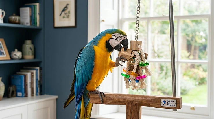 Large macaw playing with an extra-durable, colourful foraging toy designed for strong beaks. indestructible macaw toys