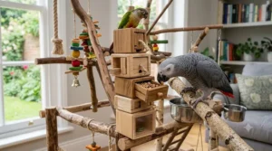 Educational foraging toys attached to a bird activity centre.