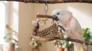 A close-up of a cockatoo solving a complex activity puzzle, promoting clever play and mental engagement.