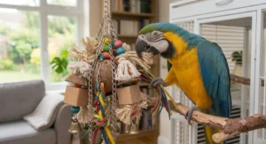 An engaging, multi-textured interactive toy for macaws to promote intelligence and reduce stress.