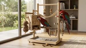 A majestic, 4K photorealistic photograph of a massive, heavy-duty natural wood parrot activity centre designed for macaws, featuring reinforced gnarled logs, extensive multi-strand sisal rope bridges, and integrated large-scale foraging puzzles and feeding stations, illuminated by bright natural window light.