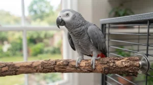Large parrot standing on a sturdy, thick natural branch perch designed for support.