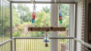 Lightweight, textured acrylic bird toys shaped like rings and blocks for parrots to hold and manipulate.