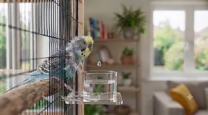 A moulting budgie being given nutritional support with liquid vitamins during feather regrowth.