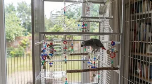 Multi-level hanging activity centre featuring various acrylic bird toys for climbing, chewing, and exercise.
