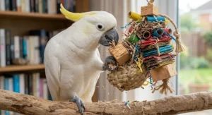 Close-up of a cockatoo with its beak buried in a complex, multi-texture toy made of wood and woven palm leaf.