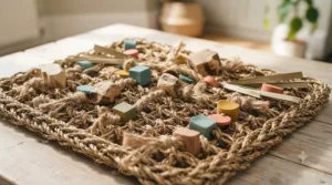 A detailed close-up of a hand-woven seagrass foraging mat packed with natural wooden beads, vegetable-tanned leather pieces, and jute rope, resting on a reclaimed-wood surface.