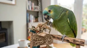 A hanging foraging toy filled with natural shreddable materials for an Amazon parrot.