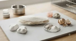 A variety of natural mineral supplements, pecking stones, and calcium blocks arranged for pet birds.