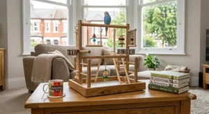 Close-up of non-toxic natural wood perches on a bird play gym.