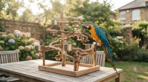 A sustainable, hand-crafted natural wood bird play gym with varied textures for healthy feet.