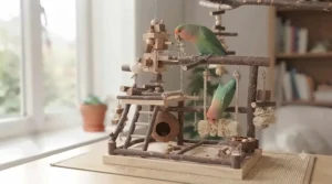 Multi-tier natural wood bird playground and activity gym toy featuring swings and perches.