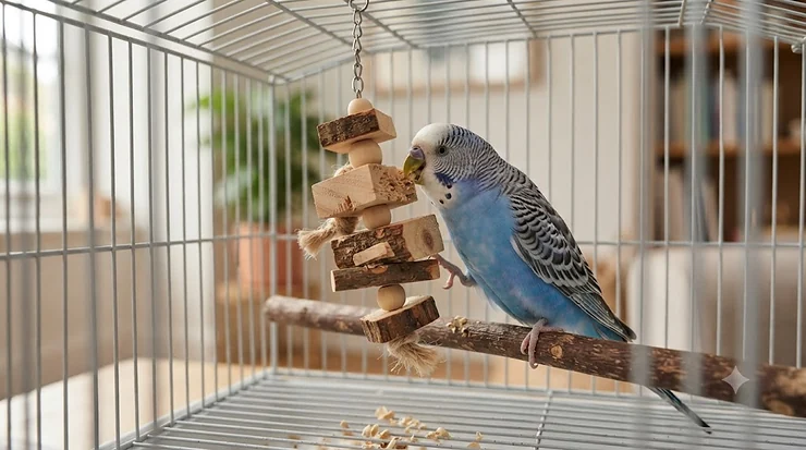 Assortment of colourful natural wood bird toys hanging in a British pet enclosure, safe and eco-friendly for parrots and budgies. natural wood bird toys