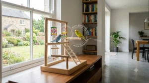 A 4K photorealistic close-up of an African Grey parrot on a natural applewood perch within a wooden activity centre, actively chewing a non-toxic leather toy. Its feet grip the detailed, untreated wood, bathed in soft, natural window light.