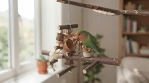 Combination of a natural wood branch perch and hanging wooden toys in a bird cage.