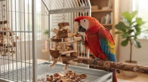Small parakeet happily chewing on a hanging natural wooden block toy inside a cage.
