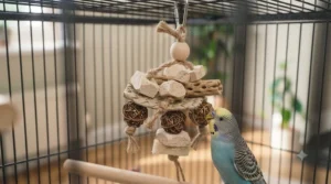 A variety of non-toxic, eco-friendly bird toys featuring untreated willow balls, coconut fibre, and palm leaf, hanging naturally within a wire cage.