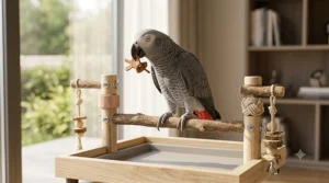 A detailed, photorealistic 4K image of a compact, tabletop-sized parrot activity centre featuring natural wood perches, a small ladder, and non-toxic foraging toys. A single Budgerigar is perched on it, illuminated by soft natural daylight.