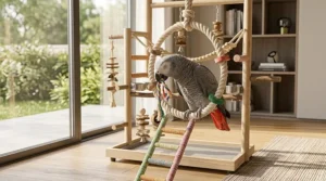 A detailed 4K photorealistic close-up capturing a colourful African Grey parrot perched and actively playing on a hanging cotton rope swing with an integrated sisal ladder, which is part of a modular natural wood activity stand, illuminated by soft natural window daylight.