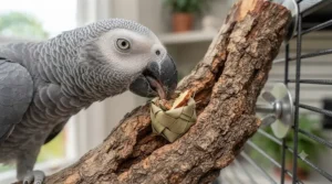 Parrot foraging for treats while balanced on a secure, natural wood branch perch.
