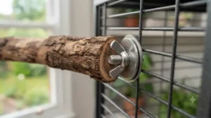 Close-up of secure metal fitting attaching the natural branch perch to cage bars.