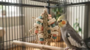 A detailed view of a zero-plastic, eco-friendly bird toy made from loofah slices, coloured wooden beads, and braided palm leaf, designed for cockatiels.