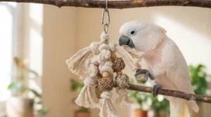 A cockatoo engaging with a soft, rope-based preening toy, designed to provide comfort and occupation for the bird.