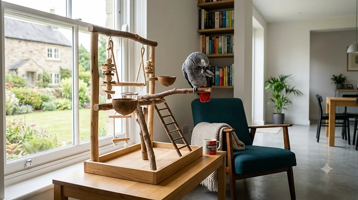 A detailed, 4K photorealistic photograph of a handcrafted wooden parrot activity centre in a bright, modern living room. The natural wood, sisal rope, and stainless steel textures are high detail, illuminated by natural window light, with multiple parrots interacting. parrot activity centre