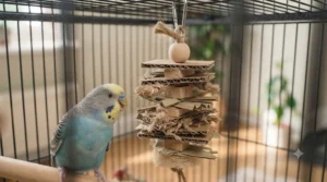 A close-up of a durable enrichment toy crafted from recycled cardboard layers and natural wood, showing signs of wear from a parrot's beak inside a cage.