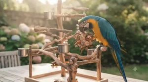 Close-up of a safe, non-toxic bird play gym showing smooth finishes and pet-friendly materials.