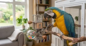 A collection of non-toxic, UK-certified safe toys for macaws designed to prevent injury during play.