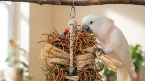 A pet cockatoo happily shredding a colourful, textured toy made of natural materials to satisfy its instinctive chewing behaviours.