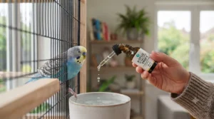 Illustration of a pet budgie showing dull plumage, indicating a need for essential avian multivitamin drops.