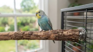 Small parrot comfortably gripping a natural hardwood branch perch inside a cage.