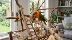 A small parrot enjoying playtime on a standing bird gym.