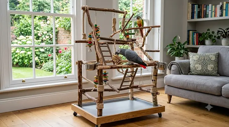 A large, free-standing bird play gym with natural wooden perches and colourful toys. standing bird play gym