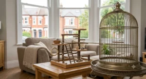 A sturdy base for a tabletop bird play gym with a removable mess-catching tray.