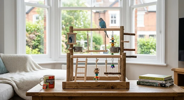 A wooden tabletop bird play gym with a ladder, swing, and feeding bowls. tabletop bird play gym