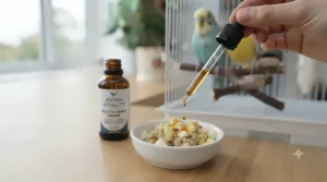 A healthy pet cockatiel staying active indoors during winter with the help of avian multivitamin drops