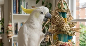 A cockatoo holding a woven palm leaf toy and long natural strands, perfect for preening and shredding.
