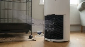 Graphic showing activated carbon neutralising pet odours and cage smells in a bird room.