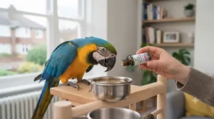 A close-up of a cockatiel drinking water infused with top immune support supplements for pet birds.