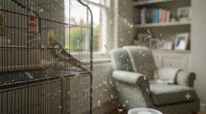 Illustration of floating bird dander, feathers, and dust particles in a room requiring an air purifier.