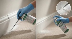 Applying insecticidal spray to skirting boards as part of a comprehensive bird mite treatment routine.