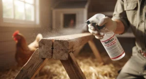 Using natural diatomaceous earth powder as an organic red mite treatment in a backyard hen house.