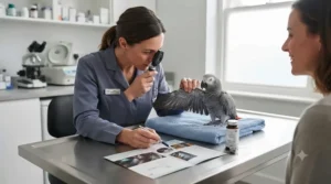 UK avian veterinarian discussing dietary requirements and feather health supplements with a parrot owner in a clinic.