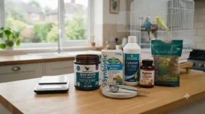 An assortment of UK-available veterinary-recommended bird supplements arranged neatly on a wooden surface.