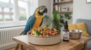 A ceramic bowl filled with fresh seeds and pellets alongside top immune support supplements for pet birds.
